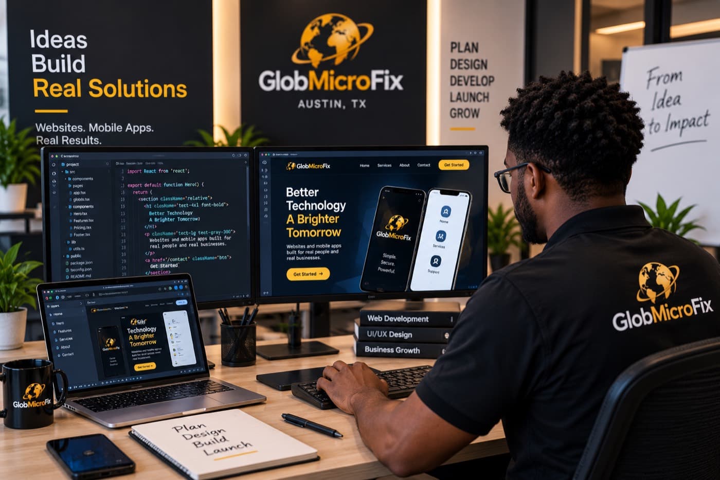 GlobMicroFix developer building a website and mobile app