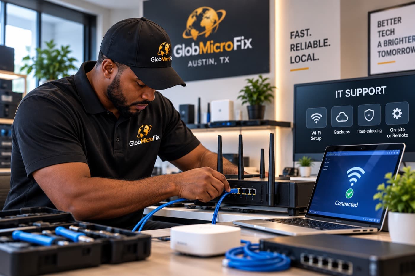 GlobMicroFix technician setting up a Wi-Fi router and laptop