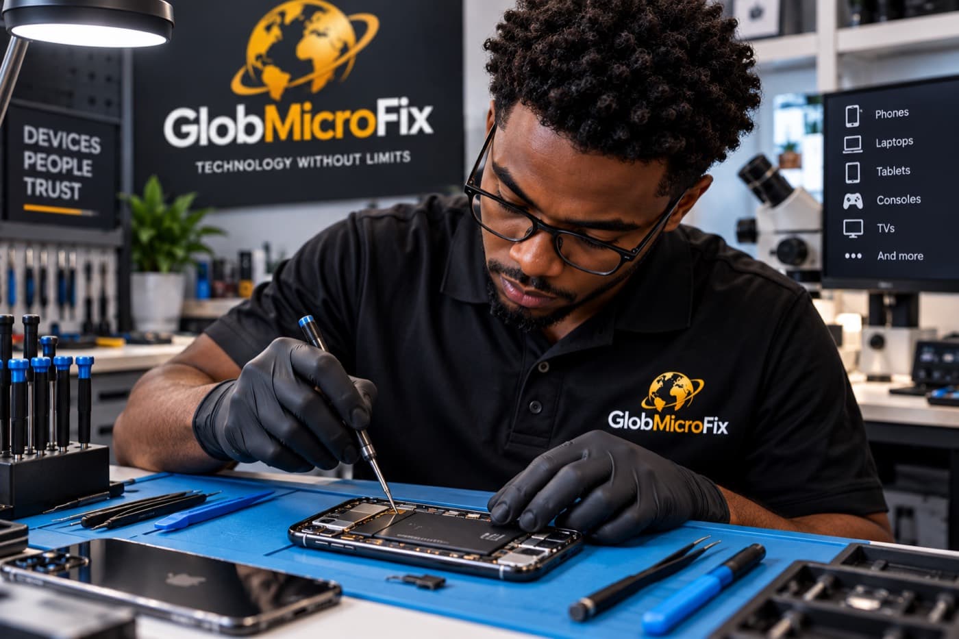 GlobMicroFix technician repairing a phone at the workshop bench