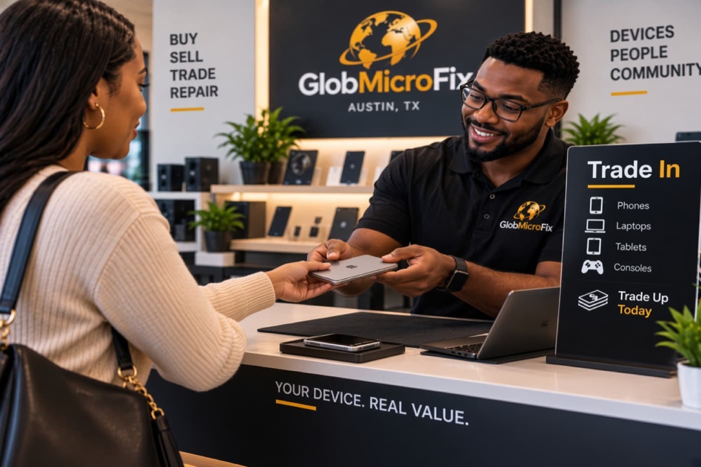GlobMicroFix technician handing a phone to a customer during a trade-in