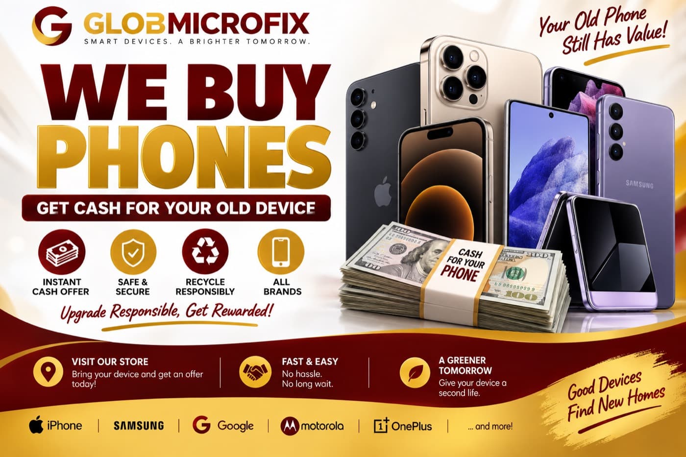 GlobMicroFix technician reviewing phones for a cash buy offer